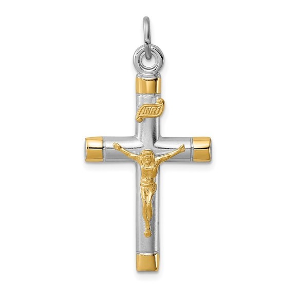 Million Charms 925 Sterling Silver Rh-Plated & 18k Gold-plated Crucifix Pendant - Picture 1 of 4